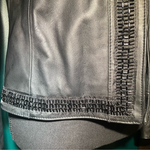 Chico's Black Leather Jacket w/ Bead Trim & Clasp Front - Fall Autumn EUC 0 XS 4 - Picture 7 of 12